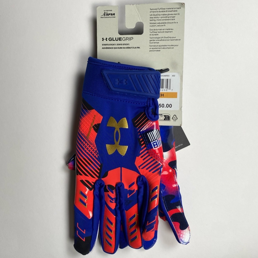 NWT Under Armour Men's F9 Nitro GlueGrip Football Gloves Blue/Red Size Small - Picture 2 of 5